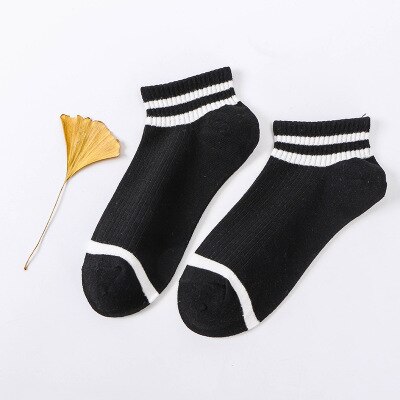 10 pieces = 5 pairs of women's socks shallow mouth Korean lovely summer cotton thin low top striped two bar tide boat socks wome: black