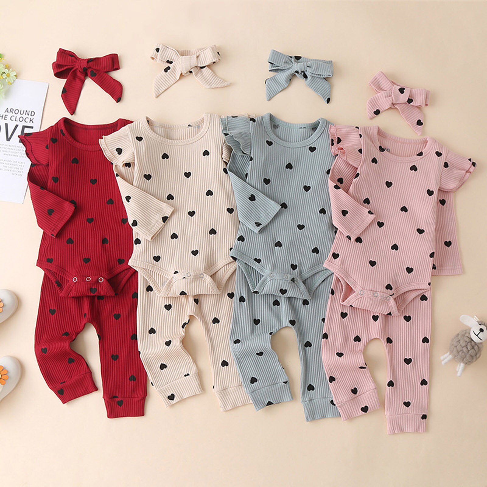 Kids Baby Kleding Meisjes Sets Peuter Kids Baby Meisjes Hart Print Solid Ruffle Romper + Broek + Hoofdbanden Outfits Комплекты одежды