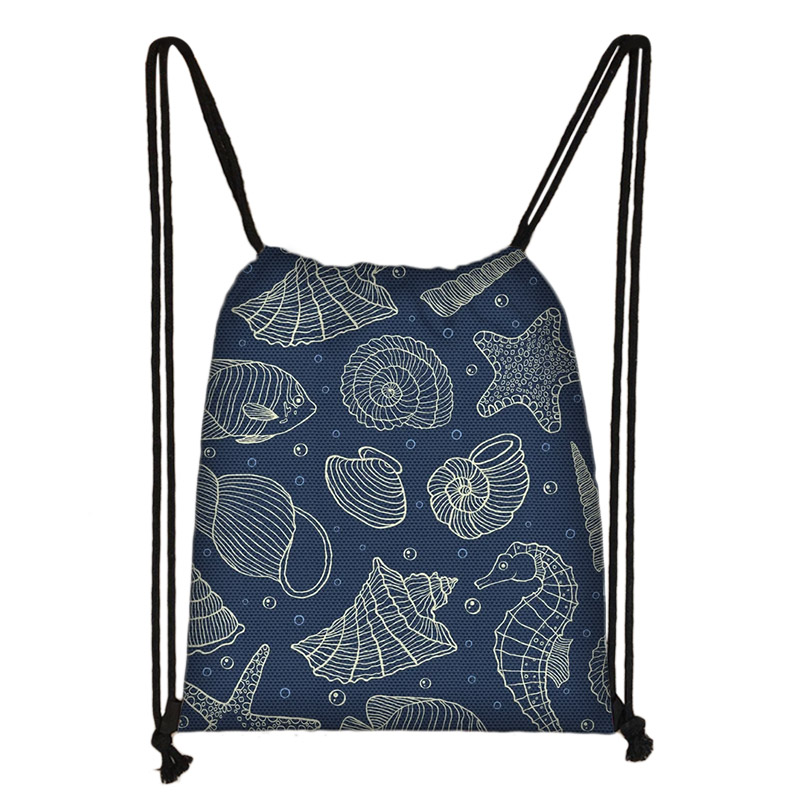 Zee Conch Tekening Afdrukken Trekkoord Tas Vrouwen Opbergtas Jongens Meisjes Casual Fish Zeester Patroon Reistassen Boekentas: skdconch08
