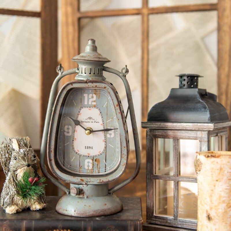 Gray Handle Candle Lantern Shape Iron Clock European Farm House Home Garden Tabletop Decor Metal Clock with Round Base