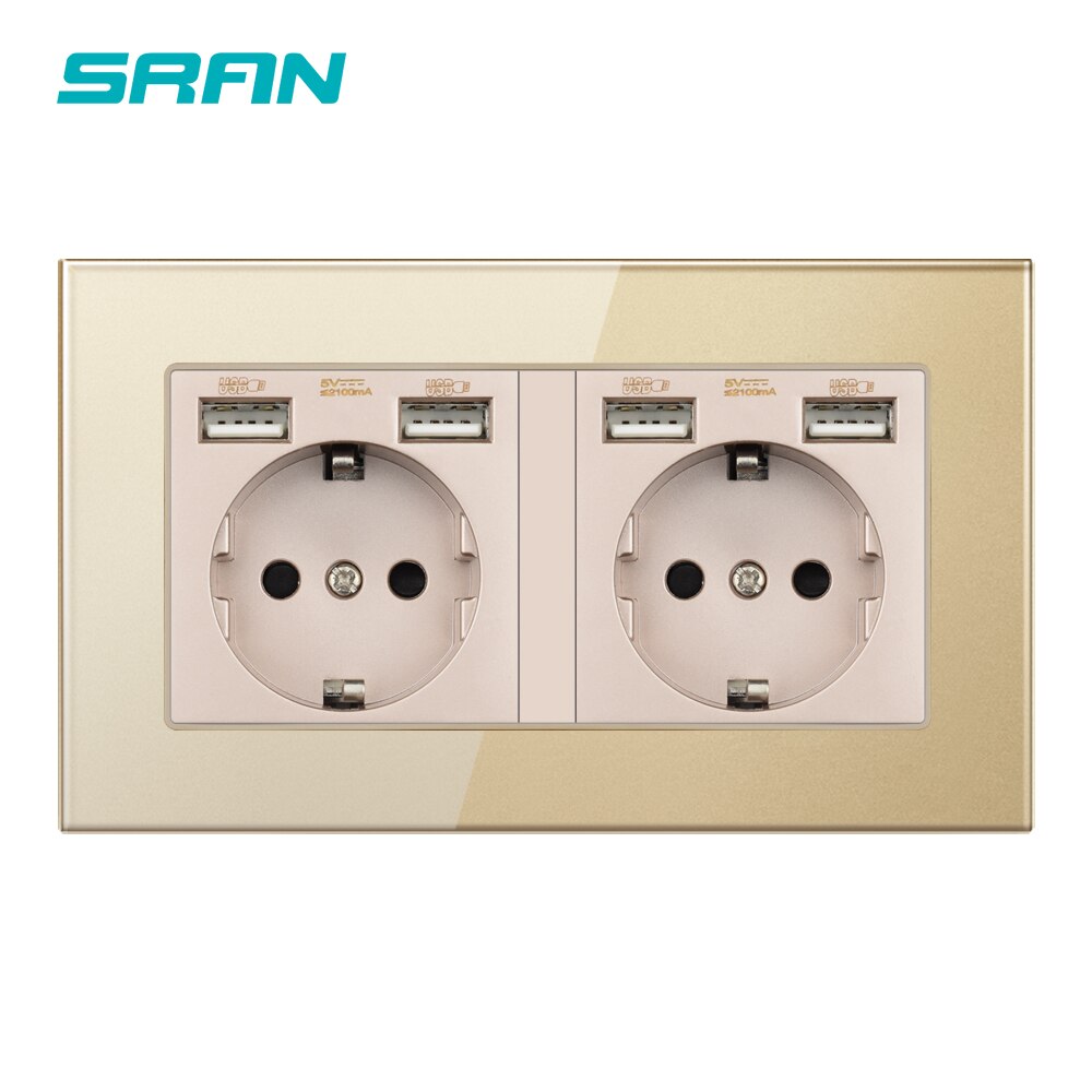Sran eu standard vägg flerrams eluttag med usb-kontakt jordad svart glas dubbel usb-uttag 4 laddningsportar: 146 a6 guld 2 geuusb