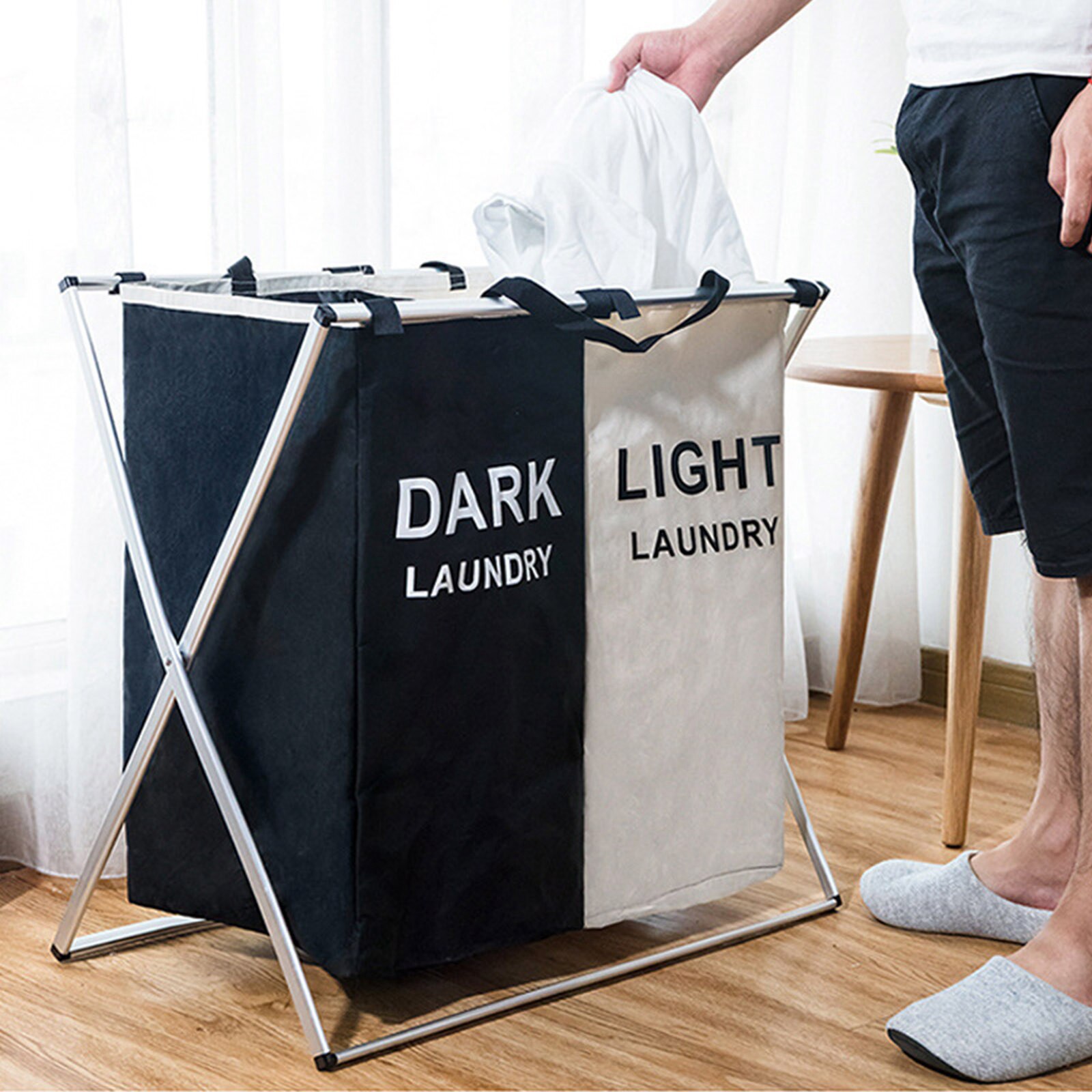 Laundry Cloth Hamper Sorter Basket Bin Foldable with Aluminum Frame Washing Storage Dirty Clothes Bag for Bathroom Bedroom