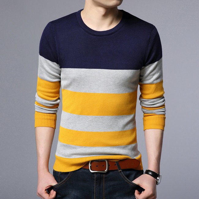 Misniki efterår afslappet herre sweater o hals stribet slim fit strik herre sweatere pullovere herre pull homme s -3xl jp52: Blå / S