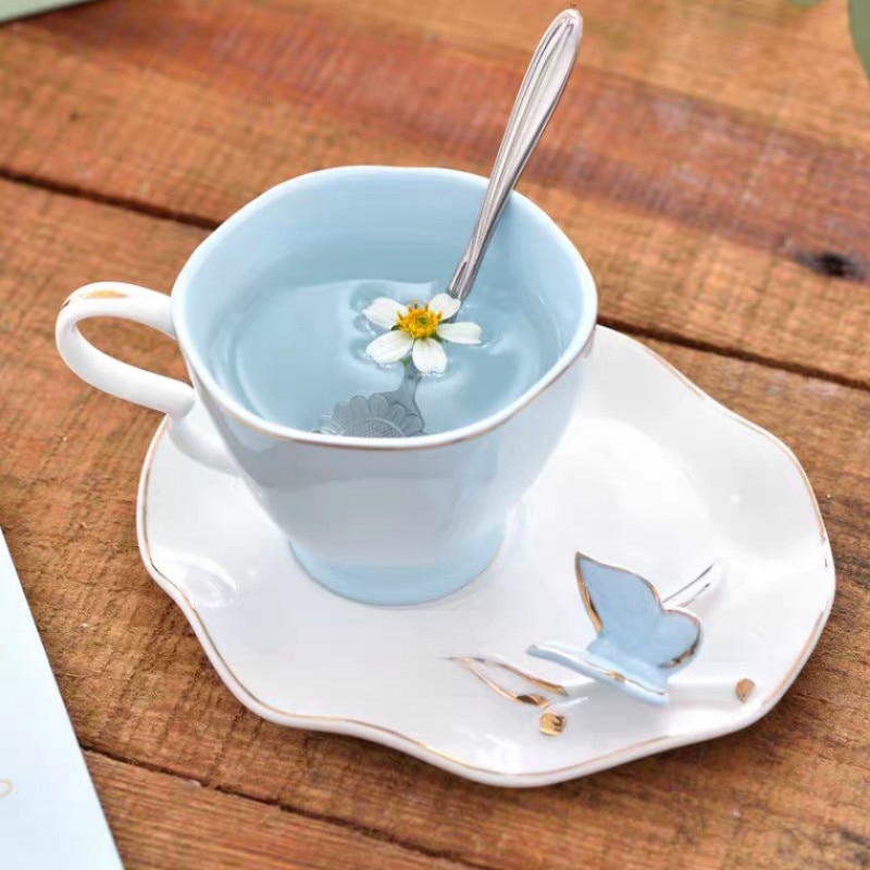 Juego de taza y platillo de café con forma de mariposa para el hogar, juego de tazas de té de la tarde en inglés, 200ml, ,