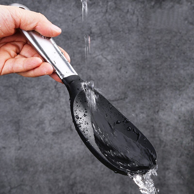 Non-Stick Stainless Steel Rice Spoon Rice Cooker Long Cooking Rice Spatula Scoop Black White Soup Spoon Kitchen Utensil Tablewar