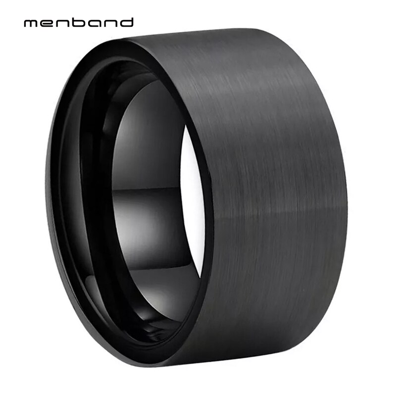 Large Men Ring Black Tungsten Wedding Ring Flat Band And Brushed Finish 12MM Ring Box Available