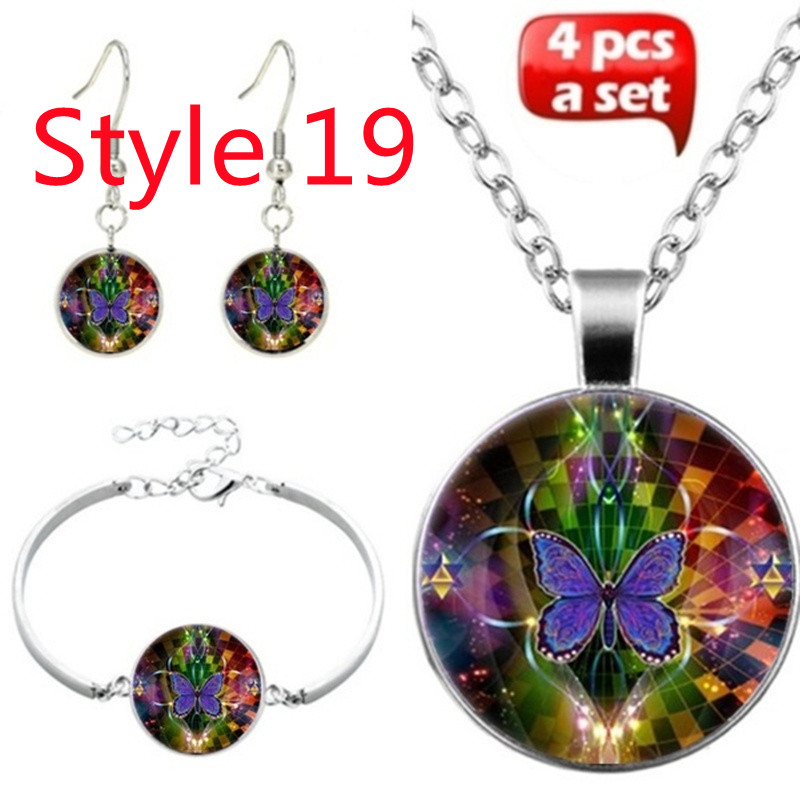 Tegel Sieraden Vlinder Glas Cabochon Ketting Stud Oorbellen Armband Set Totally 4Pcs Boom Celestial Vrouwen Sieraden Set: Style 19