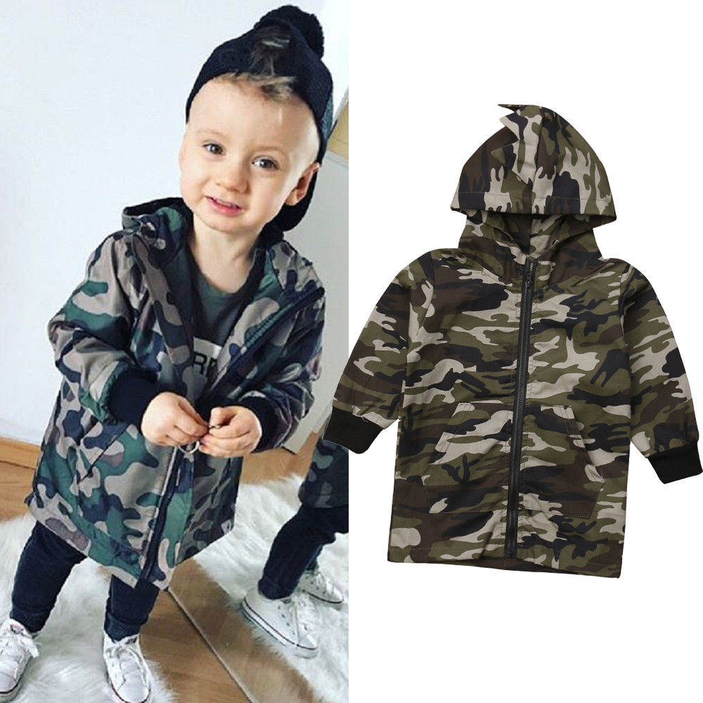 Cathery camo toddler børn baby drenge dinosaur lynlås frakke hoodie top hætteklædte outwear