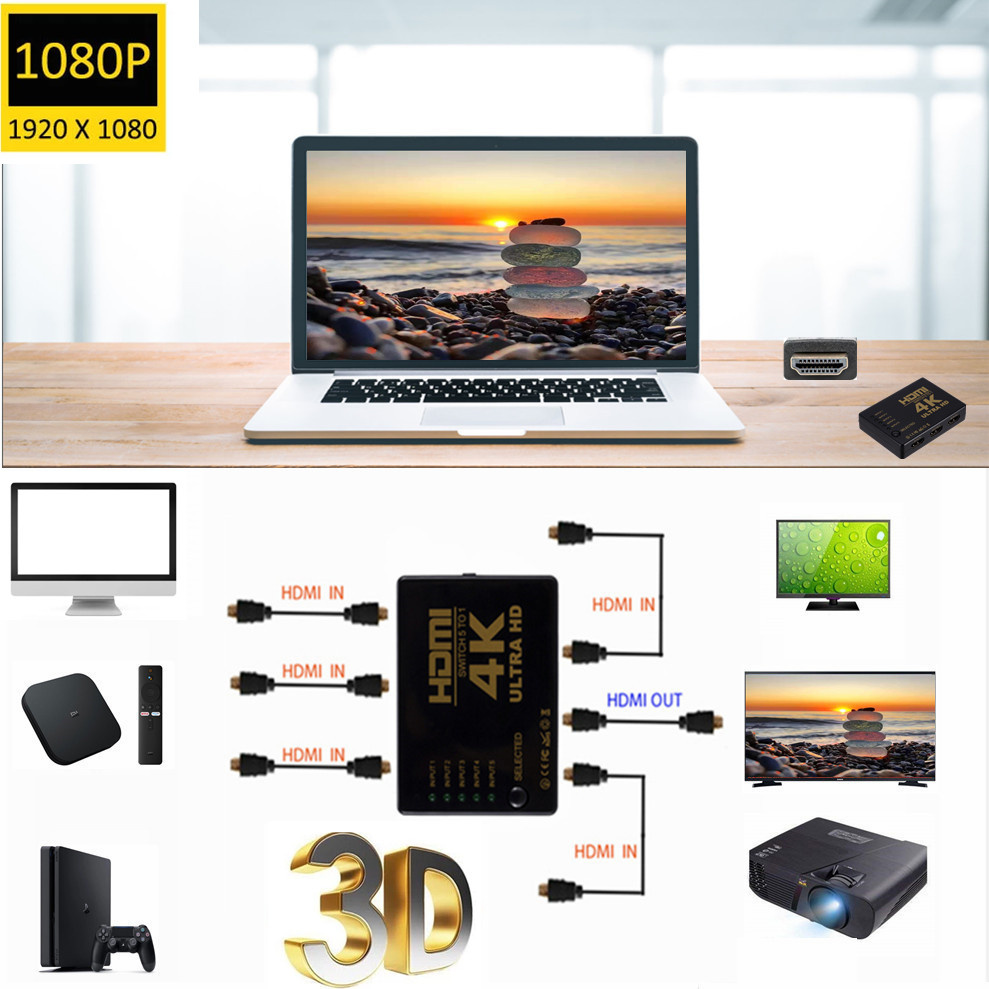 4K 2K 5x1 HDMI Cable Splitter HD 1080P Video Switcher Adapter 5 Input 1 Output Port HDMI Hub for Xbox PS4 DVD HDTV PC Laptop TV