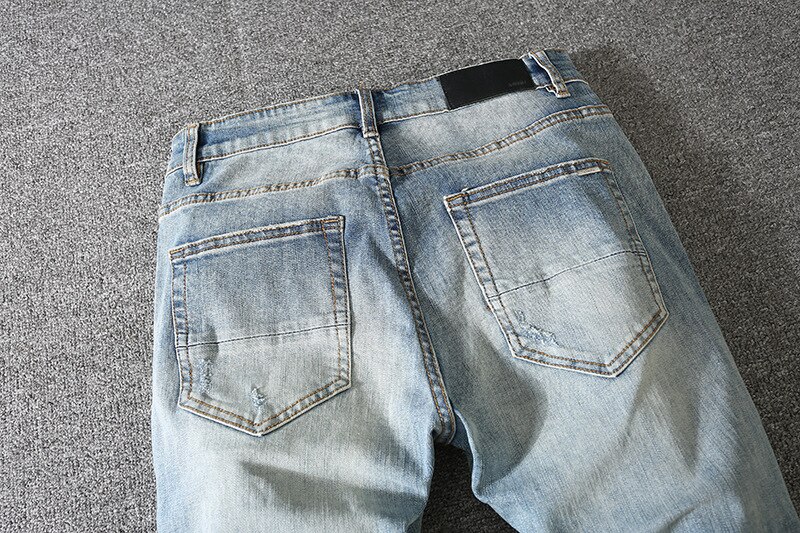 Pantalones vaqueros desgastados para hombre, Jeans desgastados de cuero negro y azul, AM, novedad