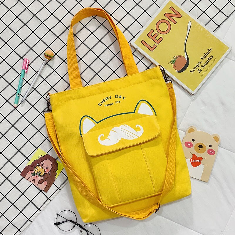 Grote Capaciteit Canvas Tas Schooltas Wilde Vrouwen Crossbody Tassen Cartoons Vrouwen Handtassen Schoudertassen Snor Tote Boodschappentas: Yellow No Pendant