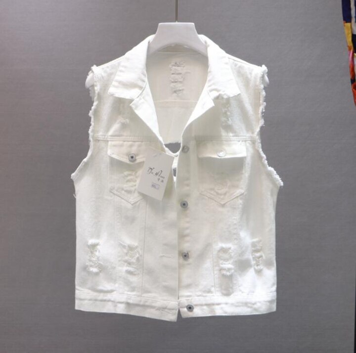 Chaleco vaquero de verano , chaleco de Mujer blanco puro con letras, chaleco de agujeros, chaqueta vaquera salvaje de primavera Para Mujer, chaleco de Para Mujer