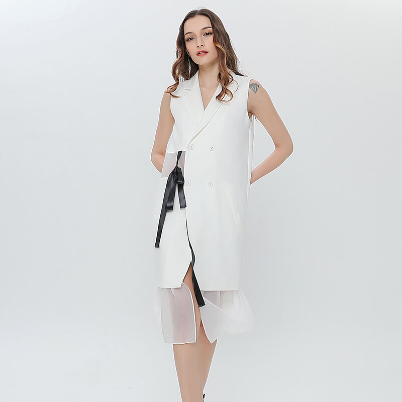 Vgh Blazer Jurk Voor Vrouwen Revers Mouwloze Strik Lace Up Patchwork Mesh Witte Jurken Vrouwelijke Zomer Kleren