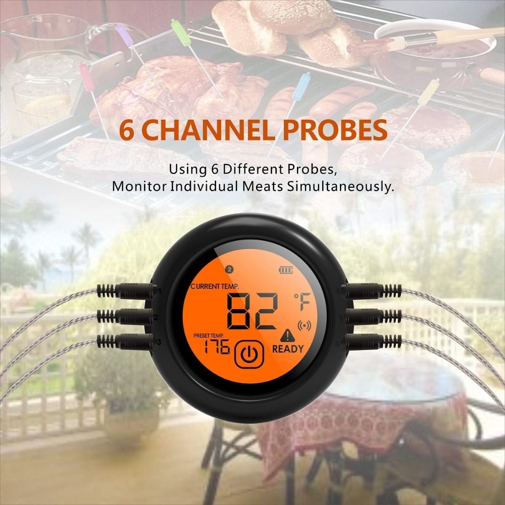 Meat Thermometer Wireless Bluetooth Oven Kitchen BBQ Grill Barbecue Food Cooking Smoker Thermometer Remote 6 Probes