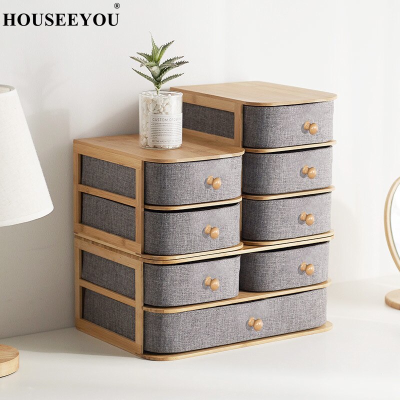 Multi Layer Drawer Bamboo Storage Box Desktop Cosmetic Oxford Organizer Office Organiser Home Sundry Case Holder
