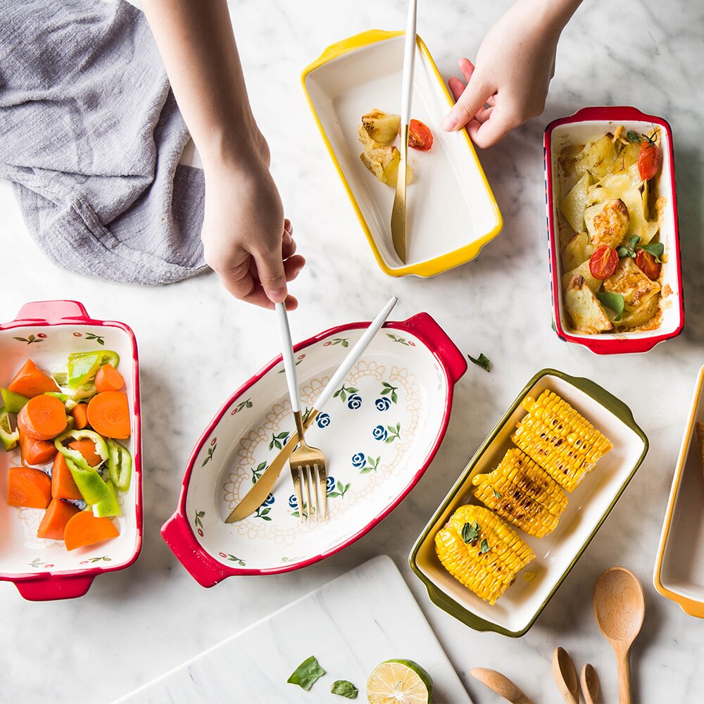 European double-eared baking pan ceramic baking rice bowl household rectangular plate western food plate wy121705