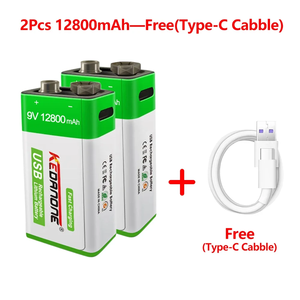 9V 12800mAh li-ion Rechargeable battery 6f22 9V lithium Micro USB Batteries for Multimeter Microphone Toy Remote Control KTV use: black