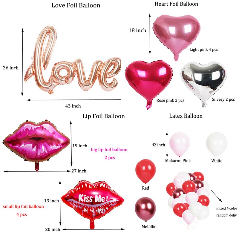 38pcs Bridal Douche kus lip/liefde folie ballon party decoraties team hart/latex/roze ballon mariage bruiloft ballonnen bruid