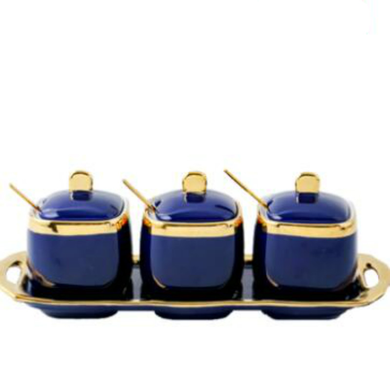 Blauw Keramiek Kruidkruik Met Deksel Hebben Een Lepel Zout Suiker Opslagtank 3 Stuk Set Nordic Stijl Huishouden kruiden Tool: 4 piece set