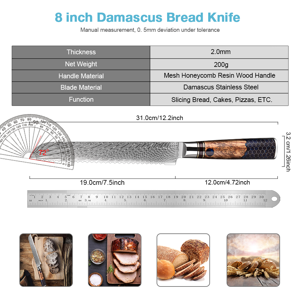 Brotmesser aus Damaststahl, 20,3 cm, professionelles Küchen-Toast-Schneidemesser, Wabenmuster, blauer Harzgriff, gezahntes Messer, Kuchenmesser