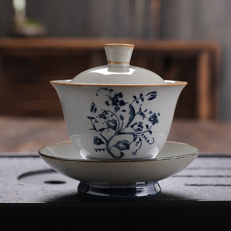 Retro Chinese Tea Cups Ceramic Gaiwan Tea Cup and Tea Lid Set Handmade Kung Fu Sancai Tea Bowl Drinkware: E