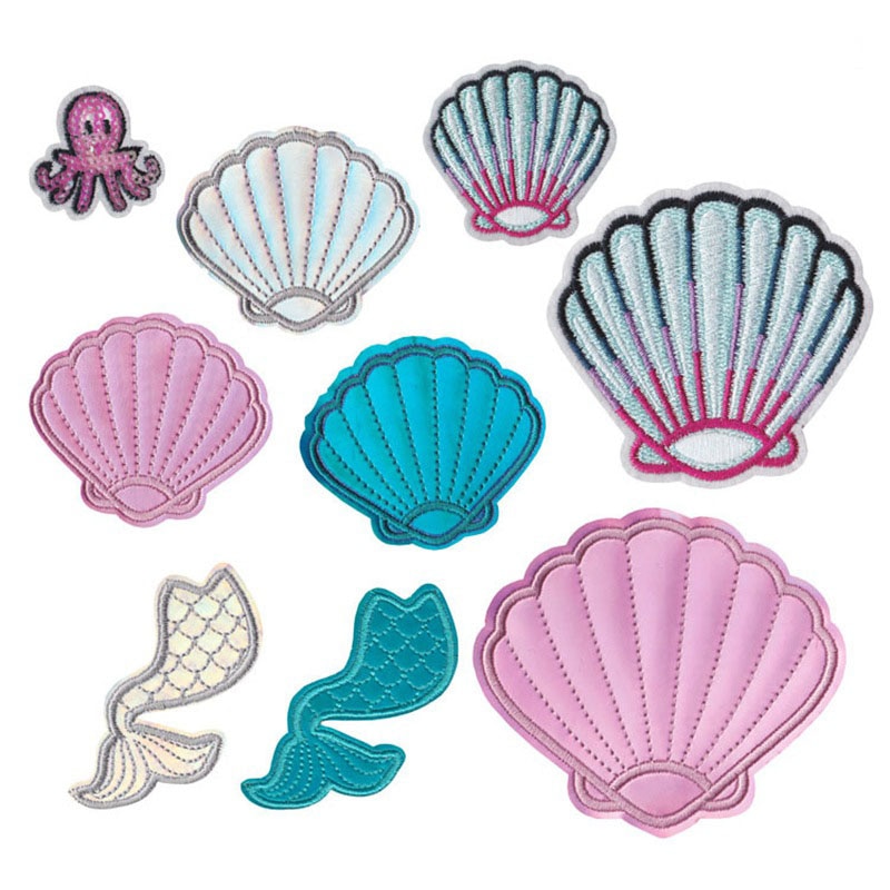Parches de cuero con calamar de sirena y concha, Parches bordados para planchar para ropa, pegatinas de ropa a rayas de mar DIY, apliques