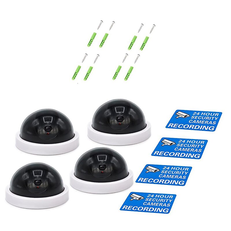 4 Pcs Dummy Security CCTV Dome Camera with Flashing Red LED Light Sticker Decals KQS8