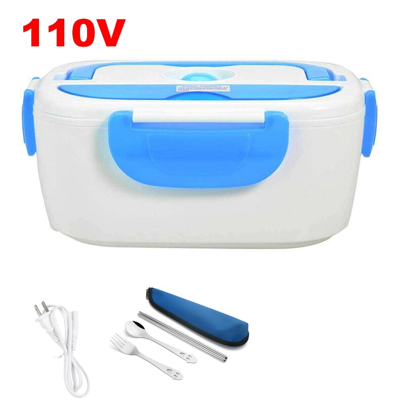 110v 220v us eu stik elektrisk varme madkasse rustfrit stål madvarmer beholder hjemmeskole måltid sikker opvarmet bento box sæt: 110v blå