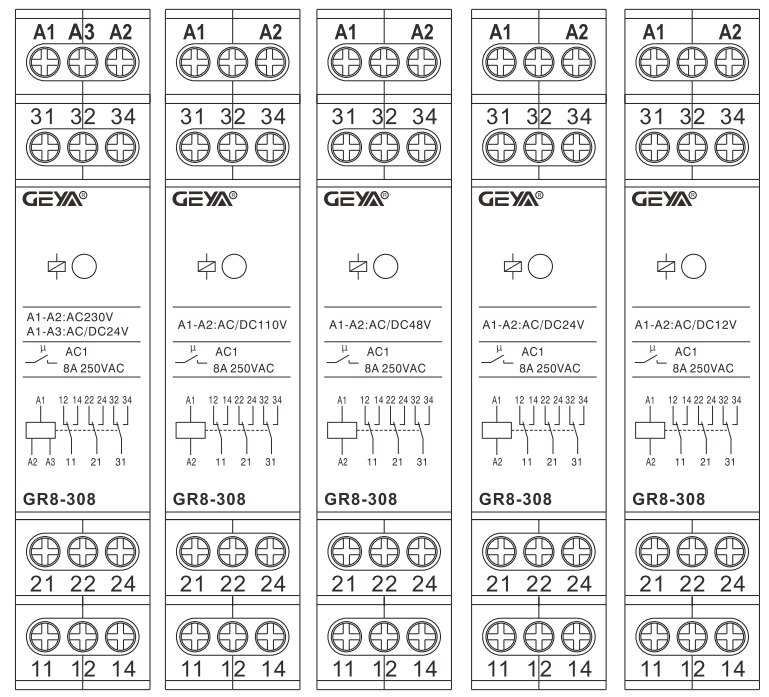 GEYA-interrupteur intermédiaire GR8, relais auxiliaire 8a, 16a, 1SPDT, 2SPDT, 3spdt, AC/dc 12/24/48V, 110V AC 230V