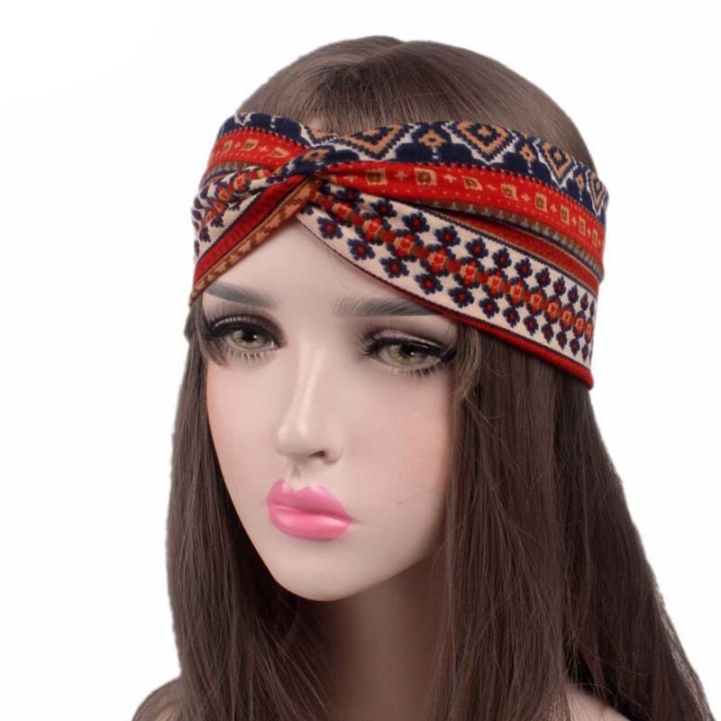 Women Ethnic Printed Cross Wide Headband Twisted Turban Elastic Hairband Beauty G99D