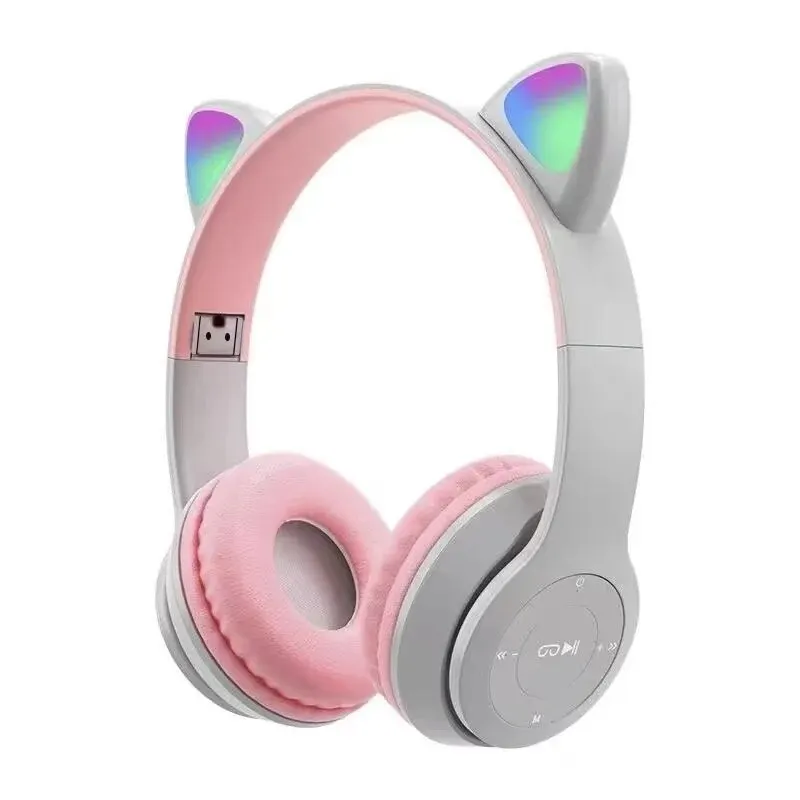 Cute Cat Ear Bluetooth Headphones with LED Wireless Headset Children Girls Stereo Folding Sports Headset with Microphone: GRAY