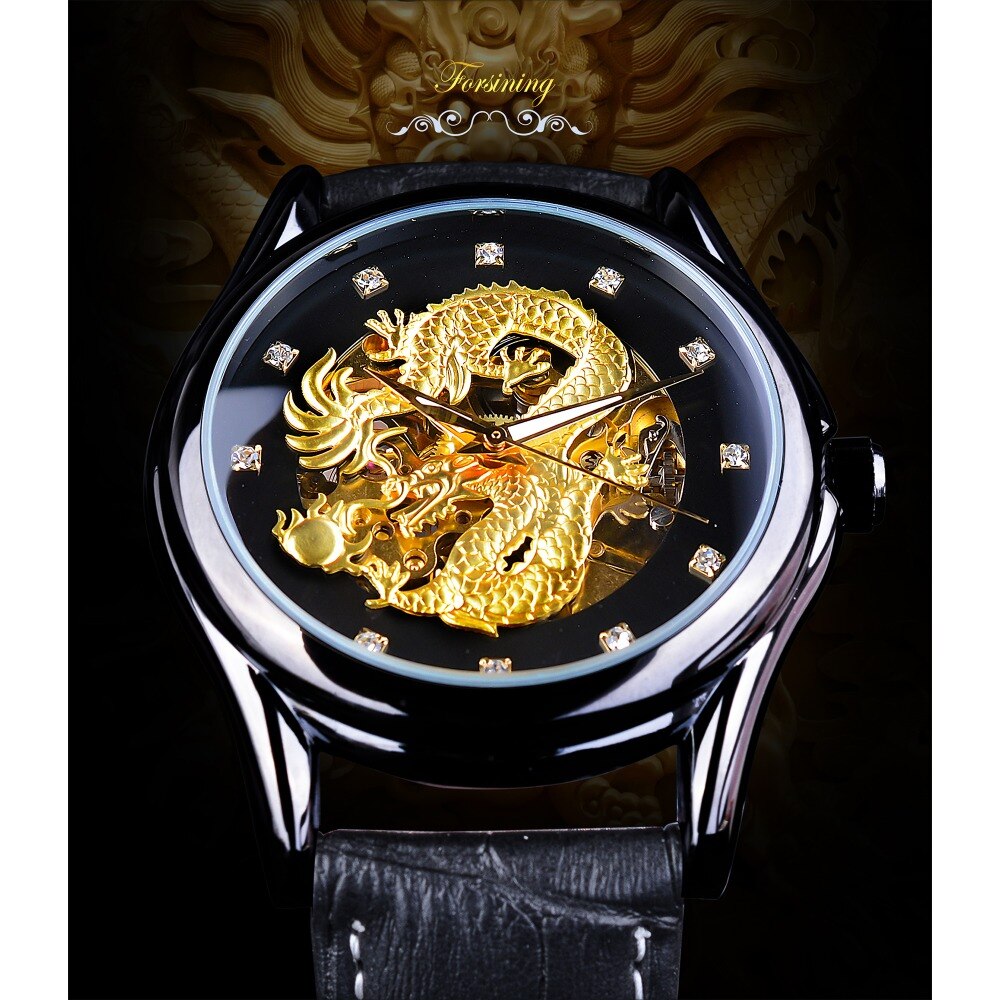 Forsining Diamant Display Dragon Zwart Gouden Lichtgevende Hand Transparante Mannen Kijken Topmerk Luxe Waterdicht Mechanische Horloges