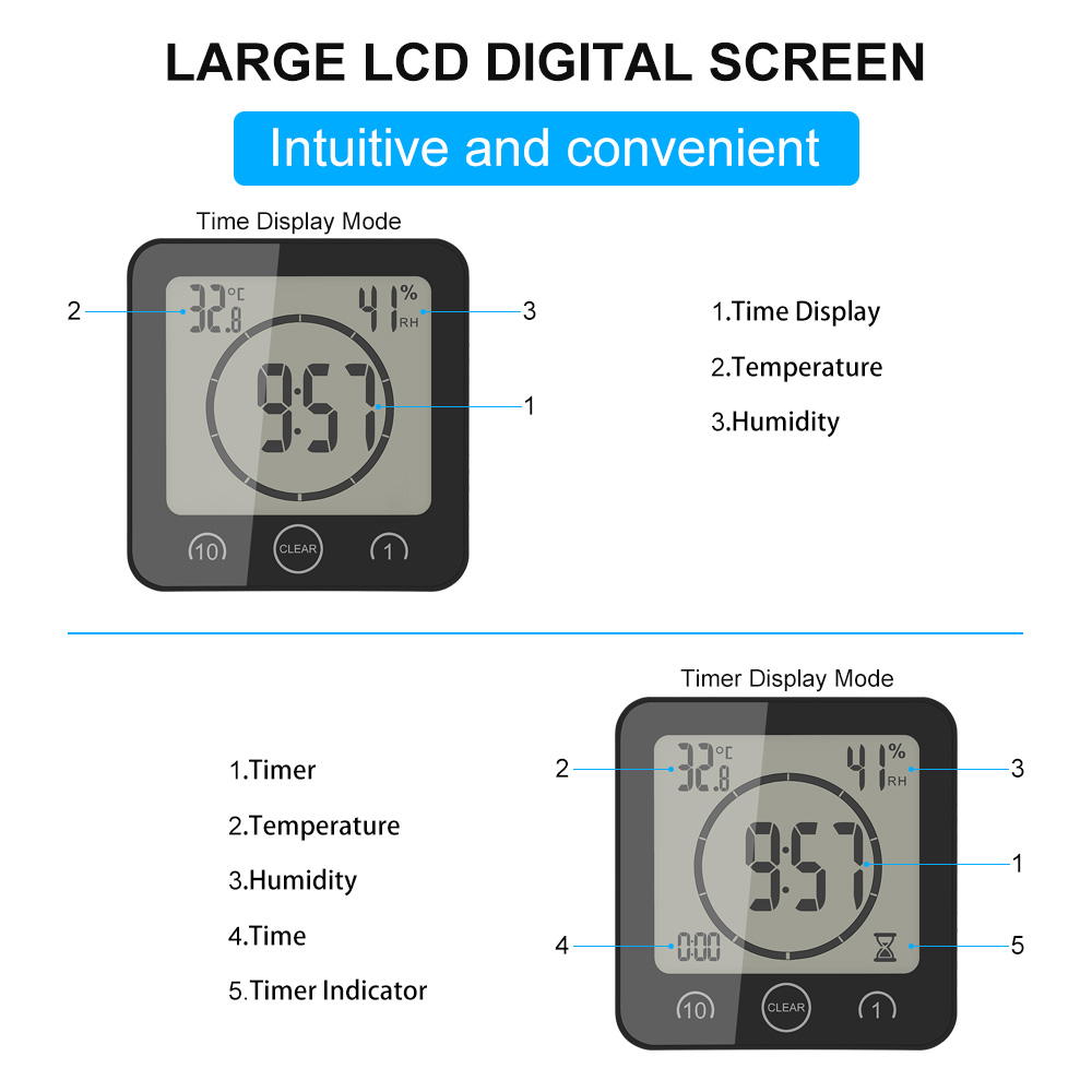 1-10 Minuten Countdown Waterdichte Digitale Lcd Display Wandklok Met Ondersteuning Sucker Thermometer Hygrometer Voor Badkamer