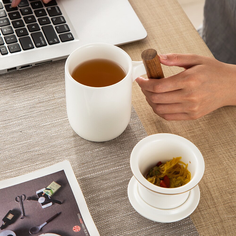 Ceramic Tea Cup Tea Mug with Lid and Infuser with Acacia Wood Handle Coffee Mug