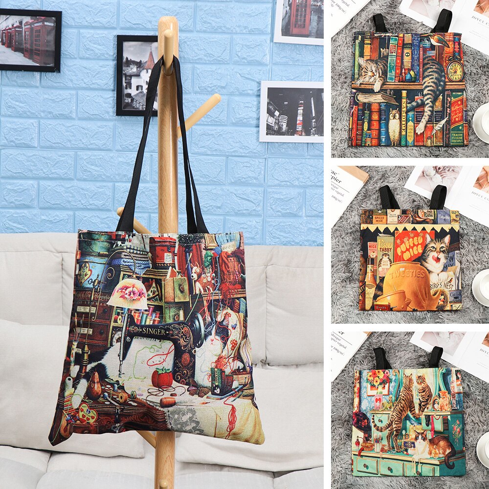 Women Printed Shopping Bag Casual Single Shoulder Bag Waterproof Cartoon Large Linen Cat Oil Shopper Tote Handbag