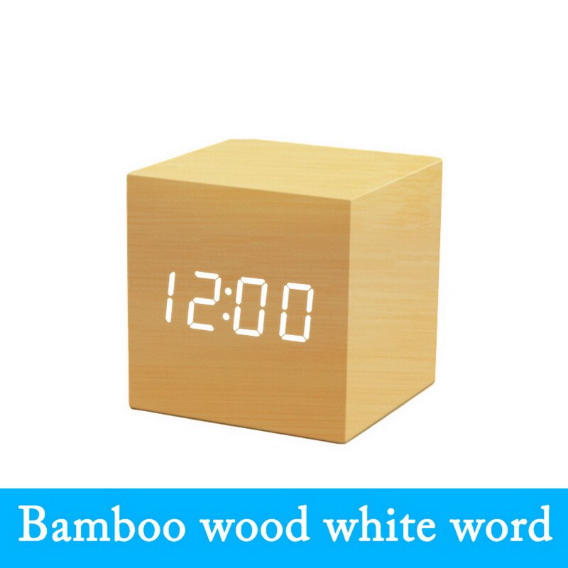 Kleine Quadrat Digitale Holz LED Wecker Holz Retro Glow Uhr Desktop Tabelle Decor Voice Control Snooze Funktion Schreibtisch Werkzeuge: G250509