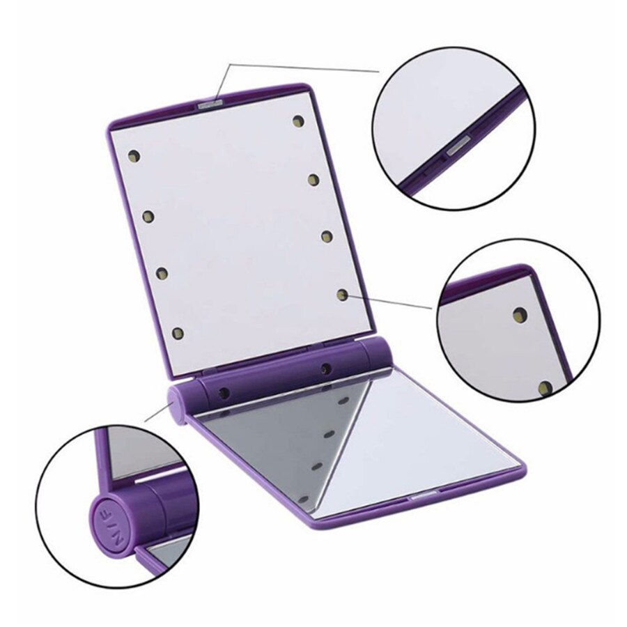 Portable 8 LED Lights Makeup Mirrors Double-Sided Cosmetic Mirror Folding Compact Pocket Mirror With Lamps Women Beauty Tool