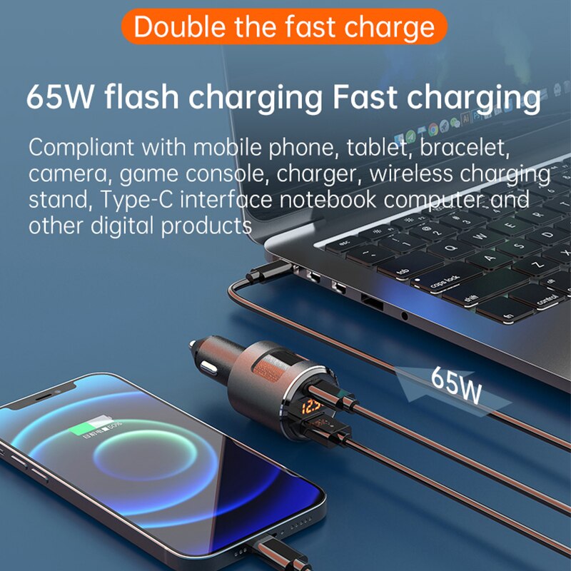 Car charger 65W super flash charging car mobile phone charger usb-c type-C PD fast charging qc3.0 USB cigarette lighter splitter