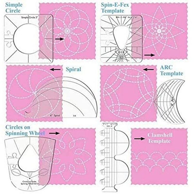 6 Stuk Quilten Template Naaimachine Heerser Quilten Sjabloon Heerser Inclusief Spiraal, Arc, Clam Shell, eenvoudige Cirkel