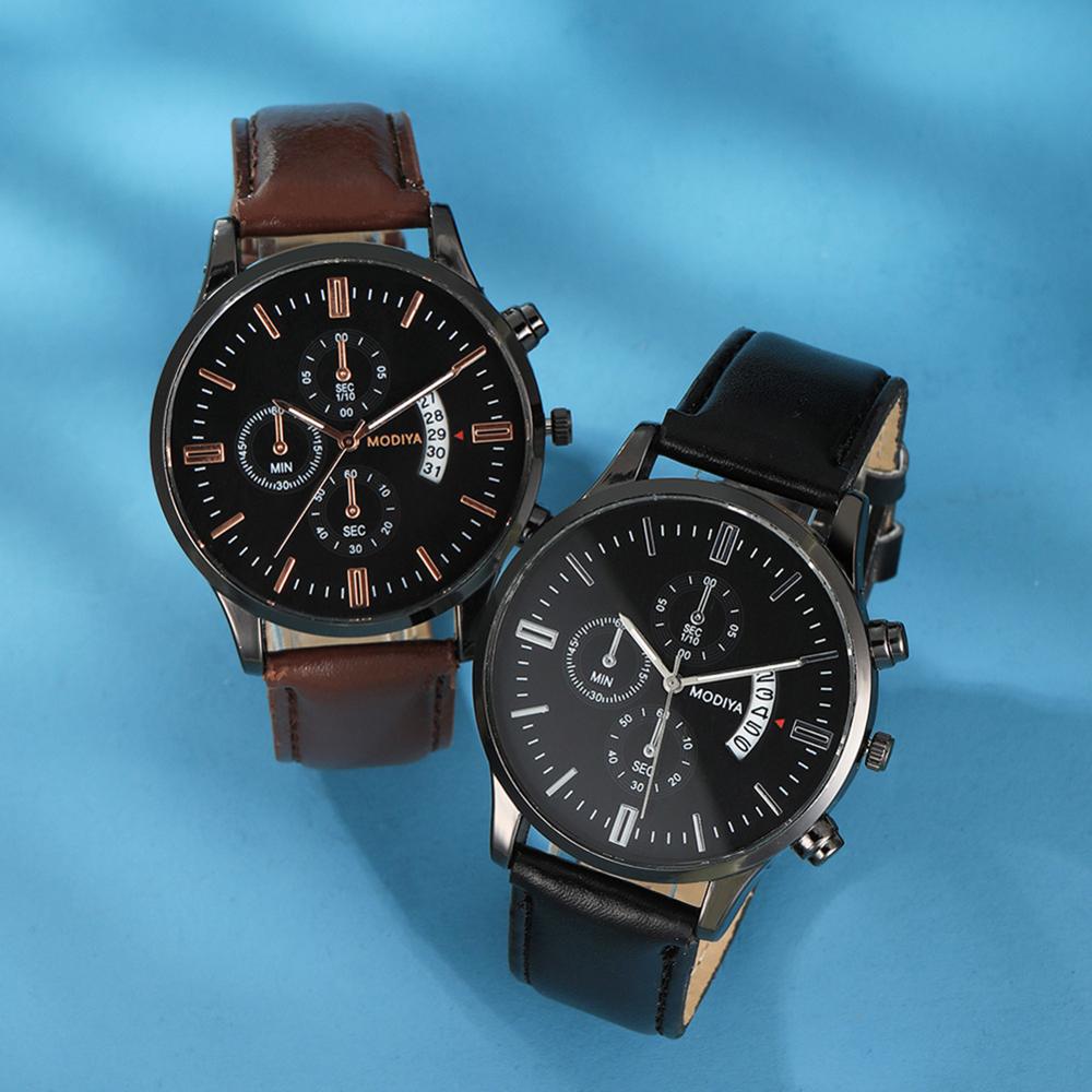 Rvs Case Mannen Datum Legering Synthetische Leather Analoge Quartz Sport Horloge Lederen Band Horloge Business Horloge