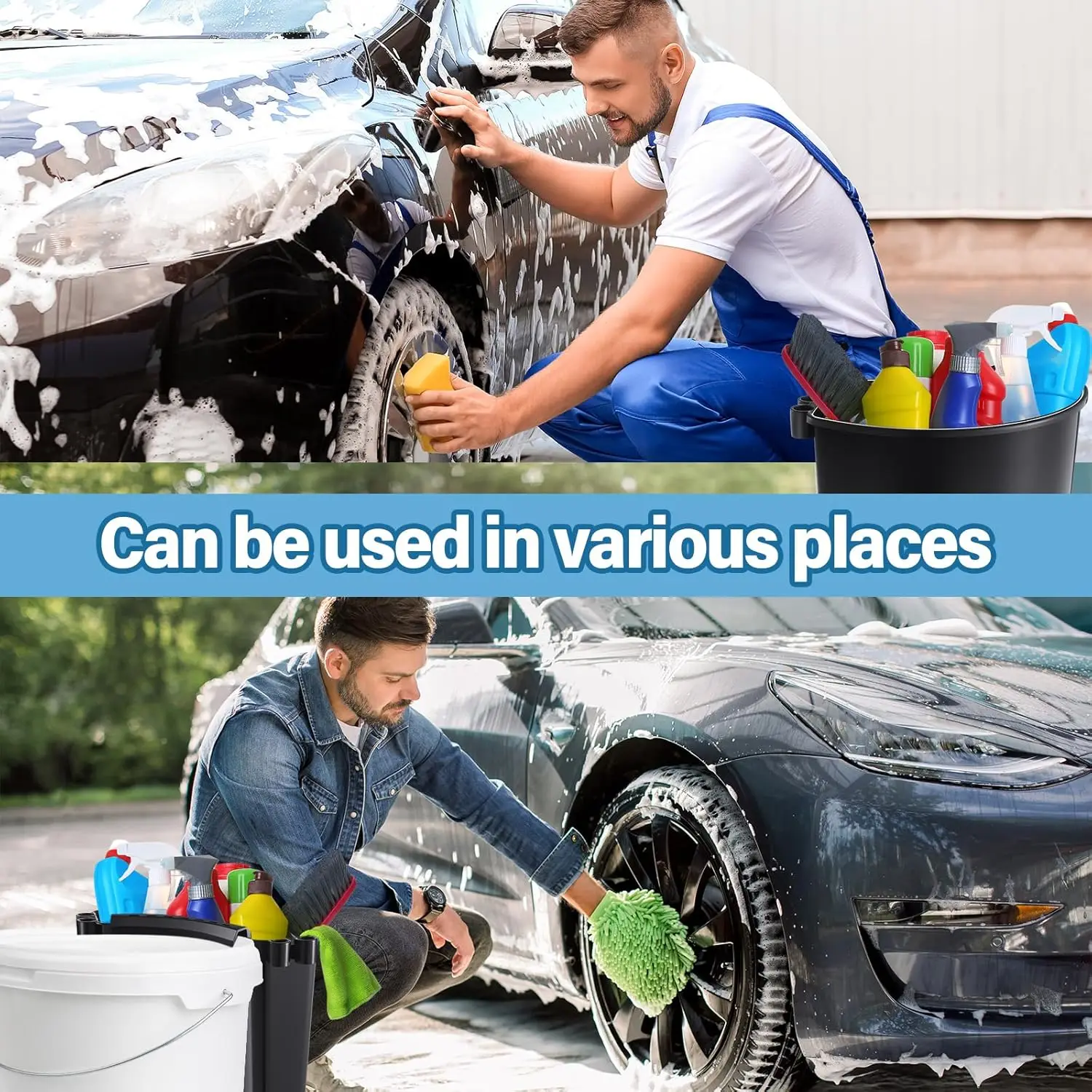 4 stk. bilpleiebøtte, bærbar bilvaskebøtte, multifunksjonell nal, hengende organizer for tilbehør, piknikverktøy, svart