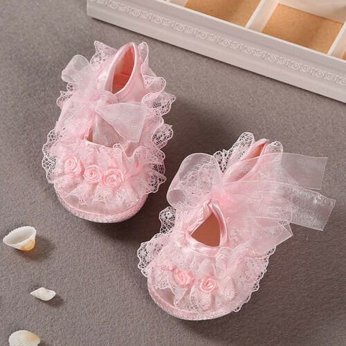 Nyfødt spædbarn baby pige blød krybbe sål blonder blomster riband skridsikre ballet sko