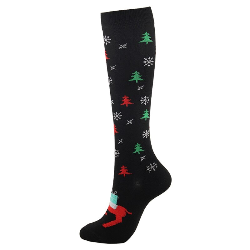 1 Pair Compression High Knee Socks Women Long Socks Christmas Cap Tree Deer Striped Printed Polyester Winter Warm Comfartable