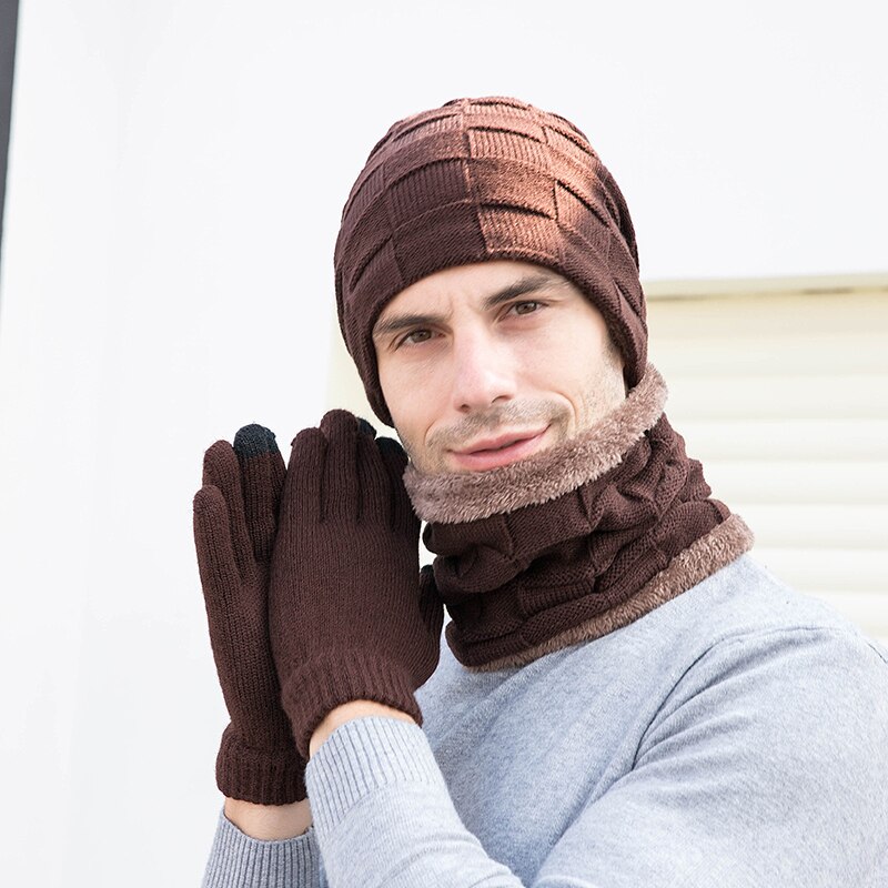Unisex pipot hattu sormus huivi käsineet setti talvineulottu paksu lämmin lippalakki naiset miehet kiinteä retro pipo hattu pehmeä kosketusnäyttö käsineet
