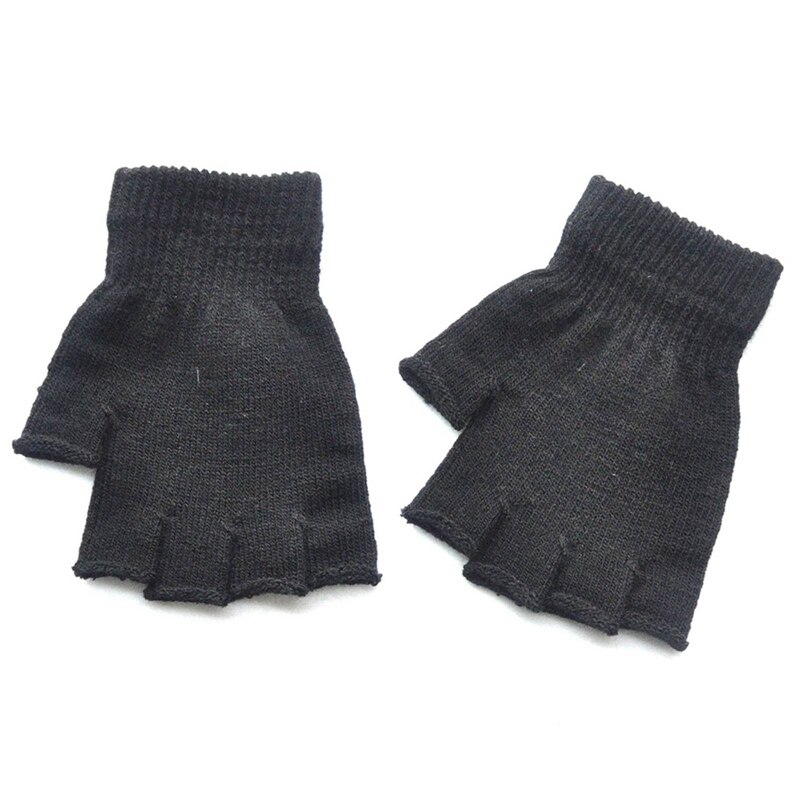 Kids Knitted Fingerless Gloves Autumn Winter Outdoor Stretch Elastic Warm Half Finger Students Cycling Gloves: BK