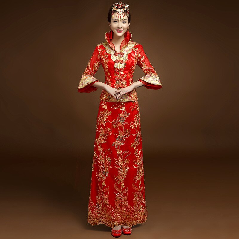 Rode traditionele Chinese stijl Bruid trouwjurken Borduren cheongsam gown robe Party avondjurk trouwen Qipao Vestido S-XXL: Womens - 2 / Xxl