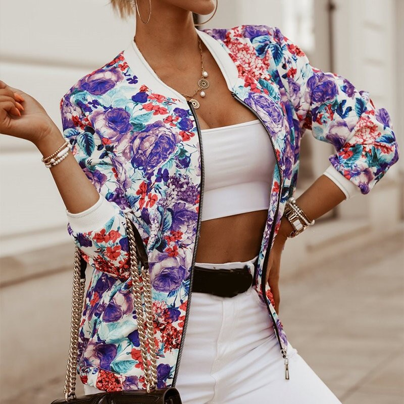Kvinders pinted lynlås efterårsjakke frakker plus size langærmet stander vintage jakker streetwear dame toppe: Lilla / S