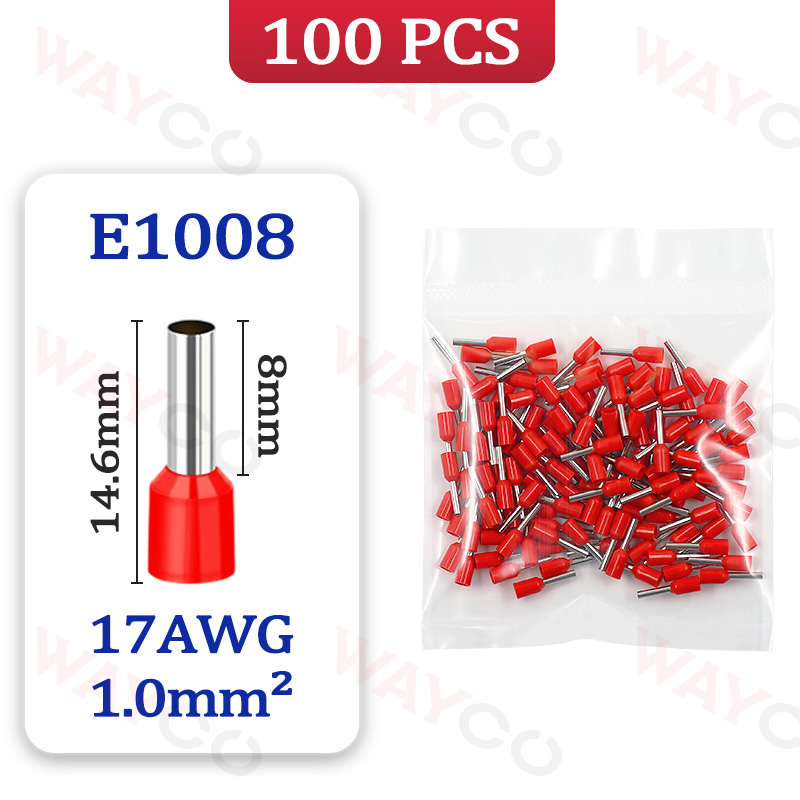 100 Stks/pak E0508 E7508 E1008 E1508 E2508 Buisvormige Crimp Terminals Adereindhulzen Koudgeperste Geïsoleerde Elektrische Draad Connectoren: E1008 - 100PCS