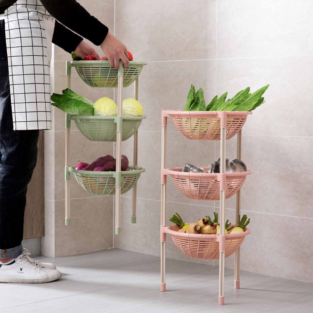3 Layers Kitchen Round Drain Storage Rack Dishes Fruit Vegetable Sundries Storage Shelf Plastic Home Stand Organizer