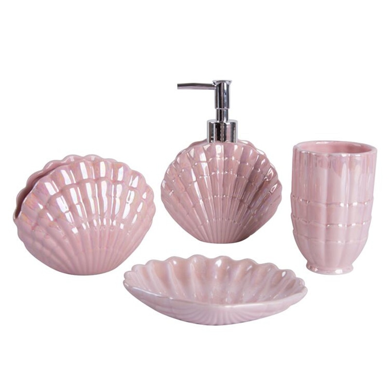 Conjunto de accesorios de baño con forma de concha de cerámica, herramientas de lavado, botella, taza de enjuague bucal, soporte para cepillo de dientes, artículos para el hogar pf92020